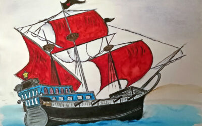 Piratskepp i akvarell
